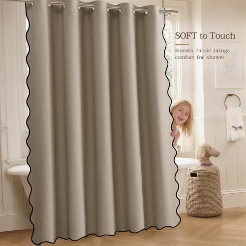 Furlinic Greige Scalloped Shower Curtain 72x96 No Hook Fabric Extra Long