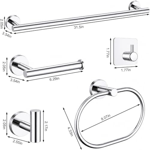Polished Chrome Bathroom Accessories Set, 7 Pieces Towel Bar Bathroom Hardware Set, 31.5 Inch Towel Racks for Bathroom, SUS304 Stainless Steel Bathroom Towel Holder Toilet Paper Holder Wall Mounted
