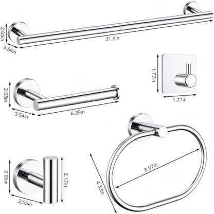 Polished Chrome Bathroom Accessories Set, 7 Pieces Towel Bar Bathroom Hardware Set, 31.5 Inch Towel Racks for Bathroom, SUS304 Stainless Steel Bathroom Towel Holder Toilet Paper Holder Wall Mounted