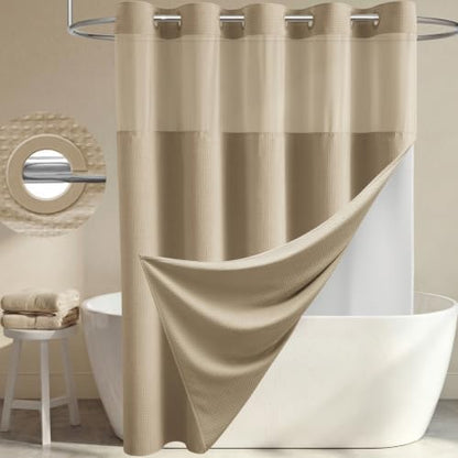 Dynamene Beige Hook Free Waffle Shower Curtain & Snap-in Fabric Liner,72x87