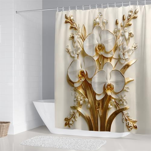 Chrainy 4pcs Golden Floral Shower Cutain Bathroom Decor Sets with Rugs