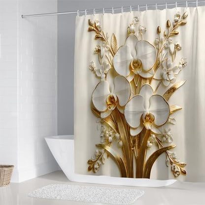Chrainy 4pcs Golden Floral Shower Cutain Bathroom Decor Sets with Rugs