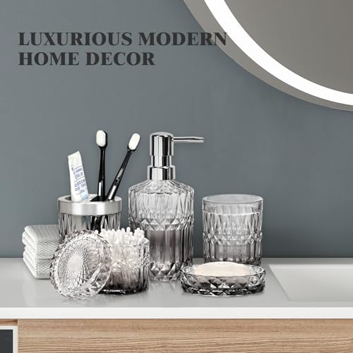 Bathroom Accessories Set, 5Pcs Bathroom Soap Dispenser Set, Glass Bathroom Accessories with Glass Soap Dispenser, Soap Dish, Toothbrush Holder, Tumbler, Cotton Swab Jar (Gradient Clear & Black)