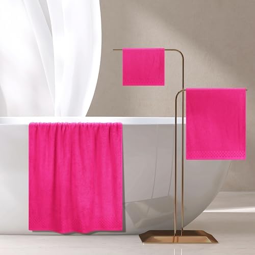 MyOwn Ultra Soft 3 Pack Cotton Towel Set, Contains a Bath Towels 28x55 inch, a Hand Towels 16x24 inch & a Wash Coths 12x12 inch, Ideal Everyday use, Compact & Lightweight - Hot Pink
