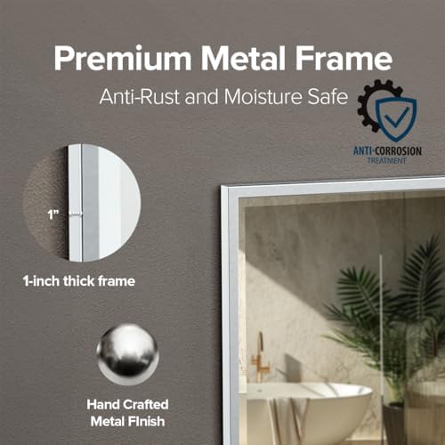Gatco 1823 Bathroom Wall Mirror, 25" H x 21" W Modern Mirror for Living Room, Vanity, Slim Design Beveled Framed Rectangle Chrome - Hangs Horizontal or Vertical with Easy Mount Safety Bracket