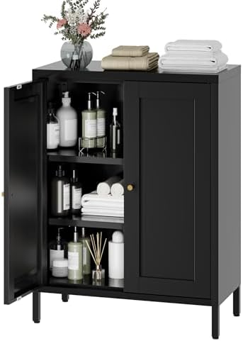 YAUWOH Small Metal Cabinet,Bathroom Storage Cabinet with 2 Adjustable Shelves and 2 Doors,Freestanding Sideboard for Small Spaces, Living Room, Home Office, Dining Room(1PC,Black)