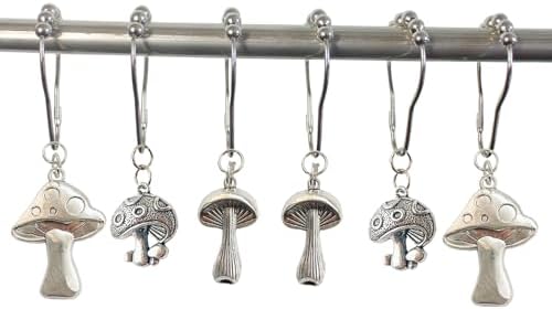 Mushroom Shower Curtain Hooks, 12Pcs Rustproof Metal Cute Retro Mushroom Shower Curtain Hooks Rings for Boho Fairy Forest Country Cottagecore Style Home Bathroom Decor (Silvery)