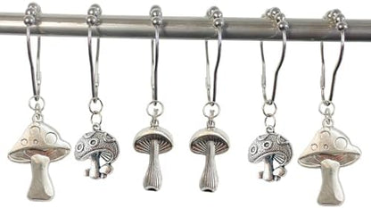 Mushroom Shower Curtain Hooks, 12Pcs Rustproof Metal Cute Retro Mushroom Shower Curtain Hooks Rings for Boho Fairy Forest Country Cottagecore Style Home Bathroom Decor (Silvery)