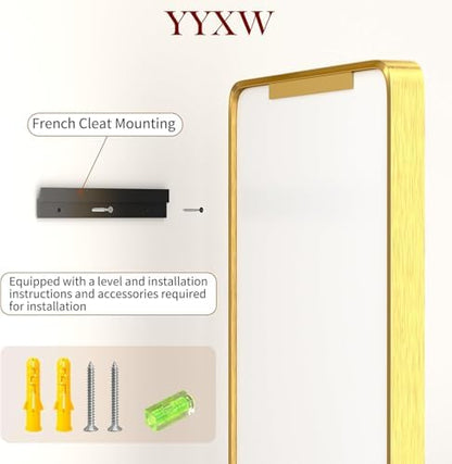 24"X48" Large Gold Metal Framed Bathroom Mirror for Wall, Large Mirrors for Spacious Rooms,Gold Rounded Rectangle Mirror, Brushed Gold Bathroom Vanity Mirror Farmhouse, Anti-Rust, Tempered Glass
