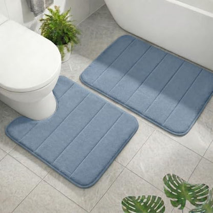 2 Piece Memory Foam Bath Mat Set, Extra Soft Absorbent Bathroom Rugs with U-Shaped Toilet Rug, Non-Slip Backing, Machine Washable, 24x16 + 20x20 U-Shaped, Dusty Blue