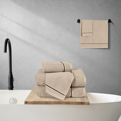 MyOwn Ultra Soft 6 Pack Cotton Towel Set, Contains 2 Bath Towels 28x55 inch, 2 Hand Towels 16x24 inch & 2 Wash Coths 12x12 inch, Ideal Everyday use, Compact & Lightweight - Tan