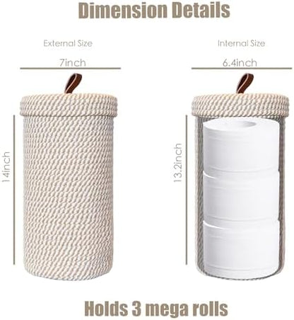 Toilet Paper Holder Handmade – Woven Cotton Toilet Paper Stand & Storage Basket with Lid, Freestanding Organizer for Bathroom, Fits 3 Mega Rolls Gradient Brown 14'' x 7''
