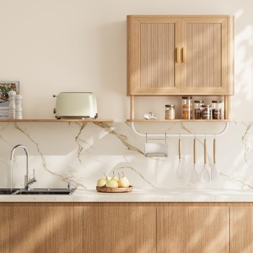 INNOD Bathroom Storage Cabinet with Towel Bar, Over the Toilet Storage Shelf, Medicine Cabinet with Adjustable Wood Shelf & Doors for Laundry Room & Kitchen & Living Room (Natural Oak)