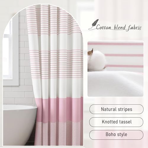 Pink Boho Cotton Striped Shower Curtain with Tassel 72" W X 72" L