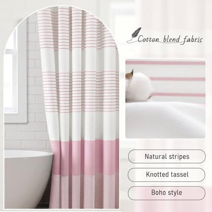 Pink Boho Cotton Striped Shower Curtain with Tassel 72" W X 72" L