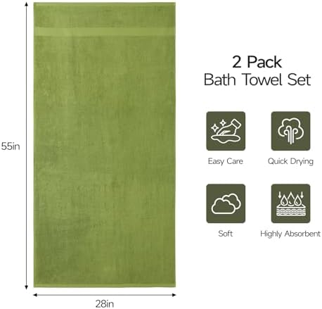 ecolook 2 Pack 100% Cotton Bath Towels, 28 x 55 Inches, Soft