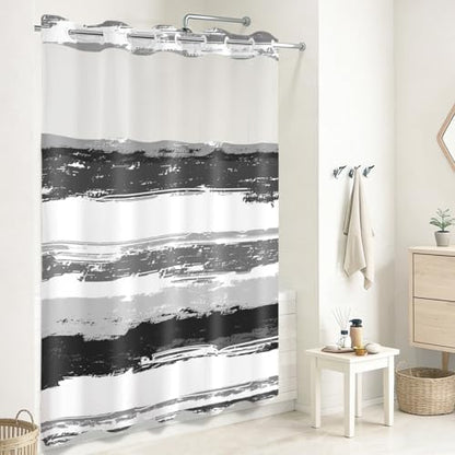 No Hook Shower Curtain with Liner, Black Stripe, 71x74 Inch