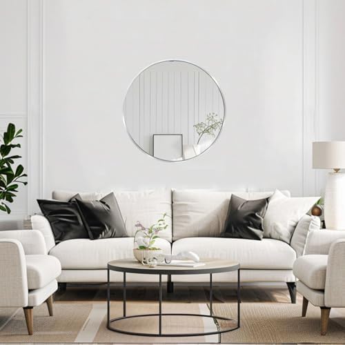 24 inch Silver Circle Mirror, Round Mirror, Brushed Nickel, Chrome
