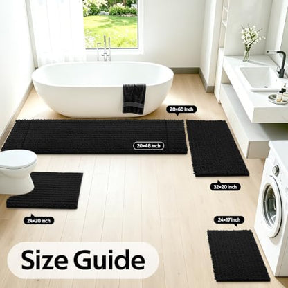ACCUMTEK Upgrade Luxury 2 Piece Black Toilet Bathroom Rug Mat 48"x20"+24"x17", Ultra Soft Thick Absorbent Bath Mats, Non Slip Chenille Toilet Mat for Bathroom, Bedroom, Kitchen, Shower, Tub