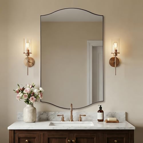 ANDY STAR 30"x48" Scalloped Mirror，Brushed Bronze Rectangle Bathroom Mirror with Curved Edge Stainless Steel Metal Frame, Large Wall-Mounted Mirror for Bathroom, Entryway (Horizontal/Vertical)
