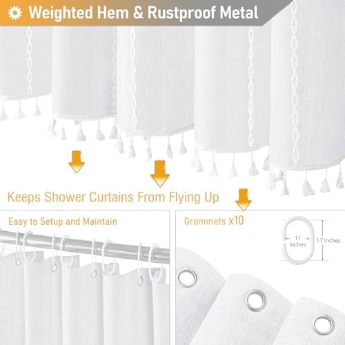 BTTN 60x72 Boho Farmhouse Linen Heavy Duty Cloth Shower Curtain Set, White