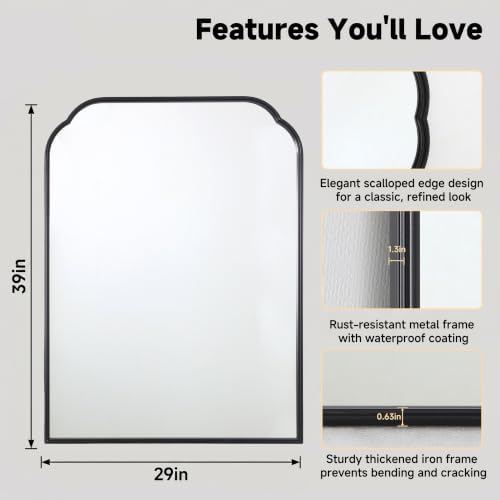 36"x24"﻿ Black Bathroom Scalloped Mirror, Rust-Proof Metal Frame