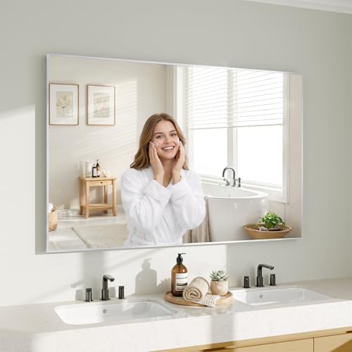 Koonmi Silver Rectangle Wall Mirror, 30x48 Inch Bathroom Mirror, Aluminum Frame Vanity Mirror for Entryway, Living Room, Bedroom Bathroom, Hangs Horizontally or Vertically