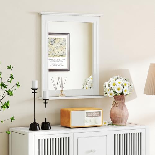 CHARMAID Bathroom Mirror with Shelf - 27" x 22.5" Wall Mirror Over Bathroom Sink, Wooden Frame Modern Rectangular Hanging Vanity Makeup Mirrors for Washroom, Entryway (White,27" L x 22.5" W)