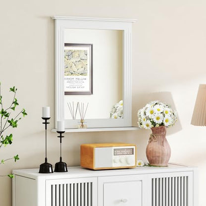 CHARMAID Bathroom Mirror with Shelf - 27" x 22.5" Wall Mirror Over Bathroom Sink, Wooden Frame Modern Rectangular Hanging Vanity Makeup Mirrors for Washroom, Entryway (White,27" L x 22.5" W)