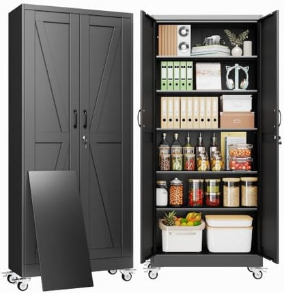 74" Metal Garage Storage Locker Cabinet with Wheels,Rolling White Farmhouse Kitchen Pantry Cabinet with 2 Doors and 5 Adjustable Shelves, Steel File Tool Cabinet for Home Office Warehouse