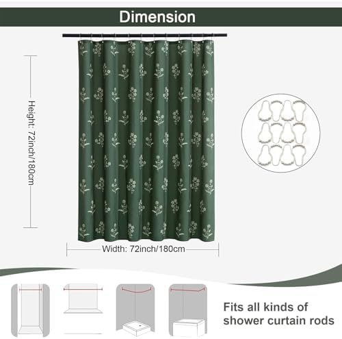 ORTIGIA Linen Shower Curtain Farmhouse Vintage Shower Curtains Set Boho Green Floral Cottagecore Rustic Block Print Decor for Bathroom 72 W x 72 L