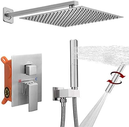12 Inch Rainfall Shower System Rain Shower Head Combo Shower Faucet Fixture | Shower Head and Handle Set Wall Mounted Shower Mixer Kit Valve Nickel