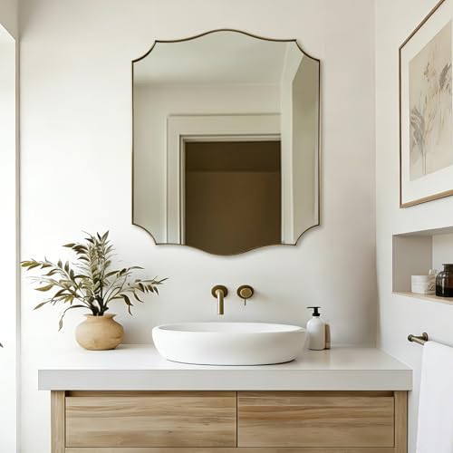 ANDY STAR 30x36 Inch Vanity Wall Mirror, Gold Bathroom Mirror for Over Sink, Champagne Bronze Mirror in Anti-Rust Stainless Steel Frame, Elegant Curved Scallop Design, Ideal for Bathroom, Powder Room