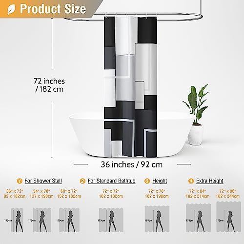 BTTN 36 x 72 Modern Geometric Waterproof Fabric Shower Curtain Set, Black