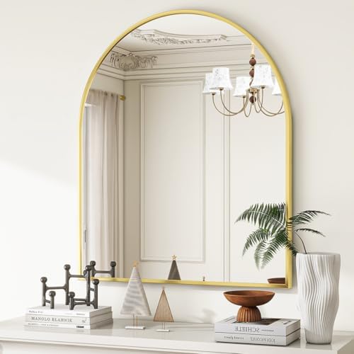 VooBang Arched Wall Mirror, 26 x 28 inch Arch Bathroom Mirror, Wall Mounted Vanity Mirror with Arch Metal Frame, Modern Bathroom Vanity Mirror for Bedroom, Living Room, Hanging or Leaning, Gold