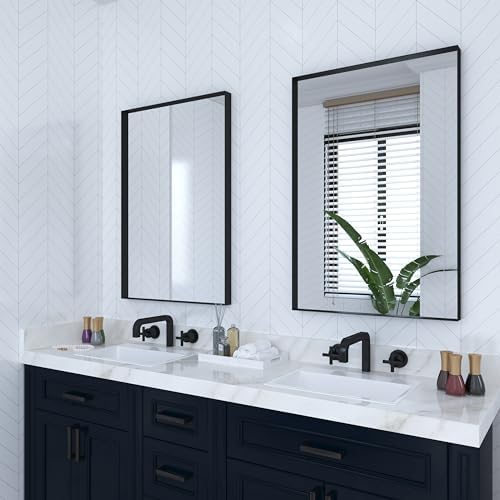 VocalStar Black Metal Framed Bathroom Mirror for Wall, 22 x 30 Inch Square Corner Rectangle Black Bathroom Vanity Mirror Modern Farmhouse, 1/4-inch Shatterproof Glass | Ultra-Flush Hanging