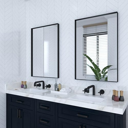 VocalStar Black Metal Framed Bathroom Mirror for Wall, 22 x 30 Inch Square Corner Rectangle Black Bathroom Vanity Mirror Modern Farmhouse, 1/4-inch Shatterproof Glass | Ultra-Flush Hanging