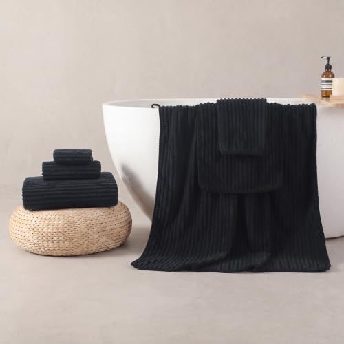 REDKISS Black Bath Towels Set 6 Piece - Microfiber Bathroom Towels of 6 Large, Highly Absorbent Bath Towel, Soft Shower Towel for Bathroom, Hotel 2 Bath Sheet 2 Hand Towel 2 Washcloths