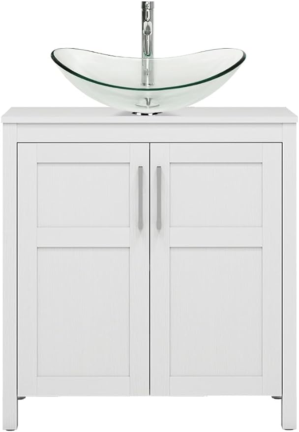YOURLITE 30 Inches Traditional Bathroom Vanity Set with Single Faucet Hole, Clear Boat Glass Sink, White Finish, 2-Door Cabinet
