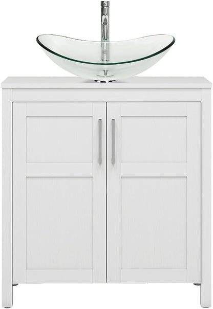 YOURLITE 30 Inches Traditional Bathroom Vanity Set with Single Faucet Hole, Clear Boat Glass Sink, White Finish, 2-Door Cabinet