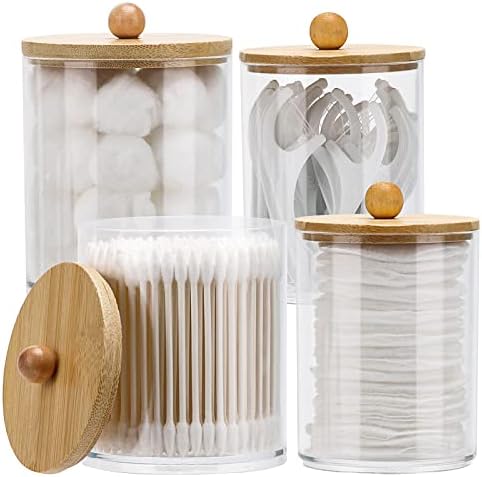 Tbestmax 4 Pack Qtip Holder Dispenser Cotton Ball, Cotton Swab, Floss - 12oz, 10 oz Clear Plastic Apothecary Jars for Bathroom Organizer and Storage Containers (Bamboo Lids)