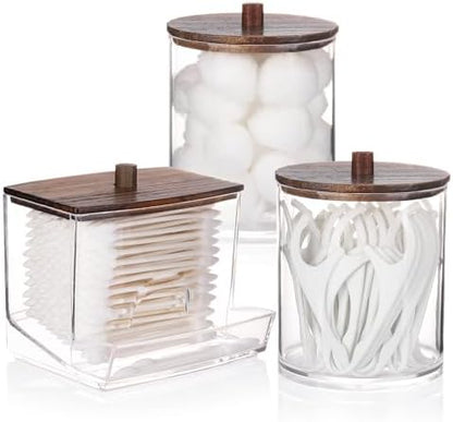 Tbestmax Qtips Dispenser Bathroom Container, 10/12 oz Big Cotton Ball Holder, Apothecary Jar Organizer for Storage Cotton Swab, Round Pads, Floss Picks (Brown Wood Lids)