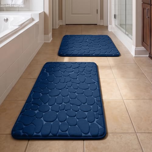 YIHOUSE Bathroom Rugs Mat Set, Memory Foam Bath Mat 2 Piece Navy Blue