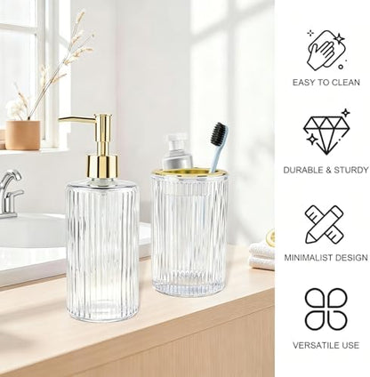 Clear Glass Bathroom Accessories Set, Soap Dispenser and Toothbrush Holder