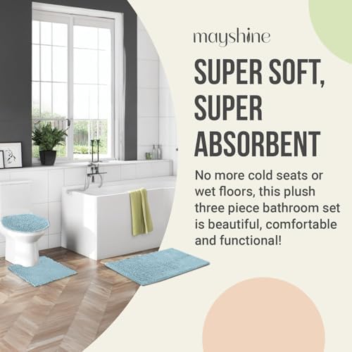 Standard 3pc Set Chenille Bath Mats, Includes 21"x24" U-Shaped Contour Toilet Rug, 21"x34" Inches Bathmat and 1 Toilet Lid Cover, Plush Absorbent Bath Mats Quick Dry, Spa Blue