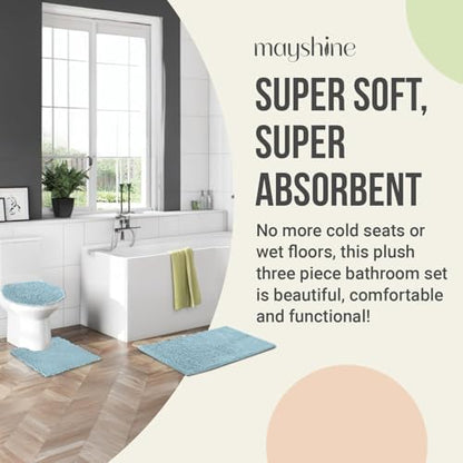 Standard 3pc Set Chenille Bath Mats, Includes 21"x24" U-Shaped Contour Toilet Rug, 21"x34" Inches Bathmat and 1 Toilet Lid Cover, Plush Absorbent Bath Mats Quick Dry, Spa Blue