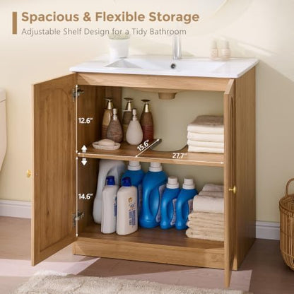 IFBUY 30 Inch Arched Bathroom Vanity with Sink, Fluted Design, Natural Oak