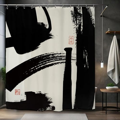 Abstract Black White Shower Curtain 60Wx72L Inch Brushstroke Modern Minimalist Contemporary Geometric Artwork Line Bathroom Set Accessories Decor with 12 Pack Hooks