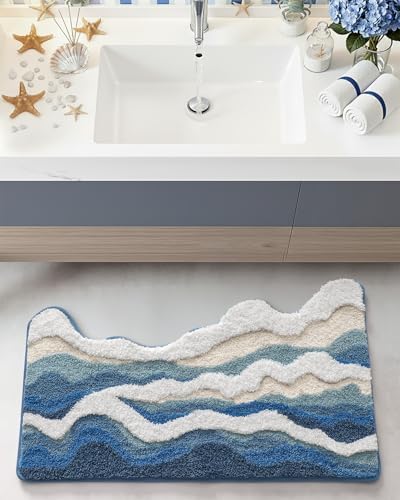 DEXI Cute Bath Mat, Sea Ocean Wave Bathroom Rugs, 34x21 Blue