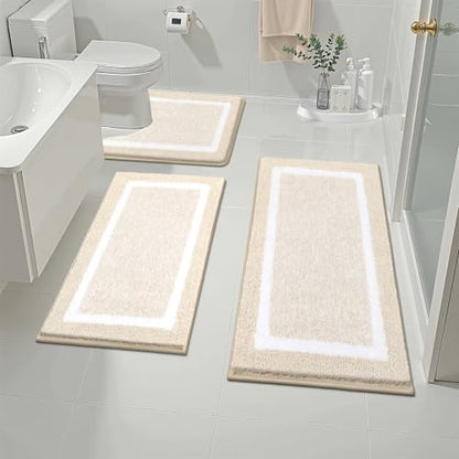 Pauwer 3 Piece Bathroom Rug Set, Non Slip Washable Bath Mat, Light Beige